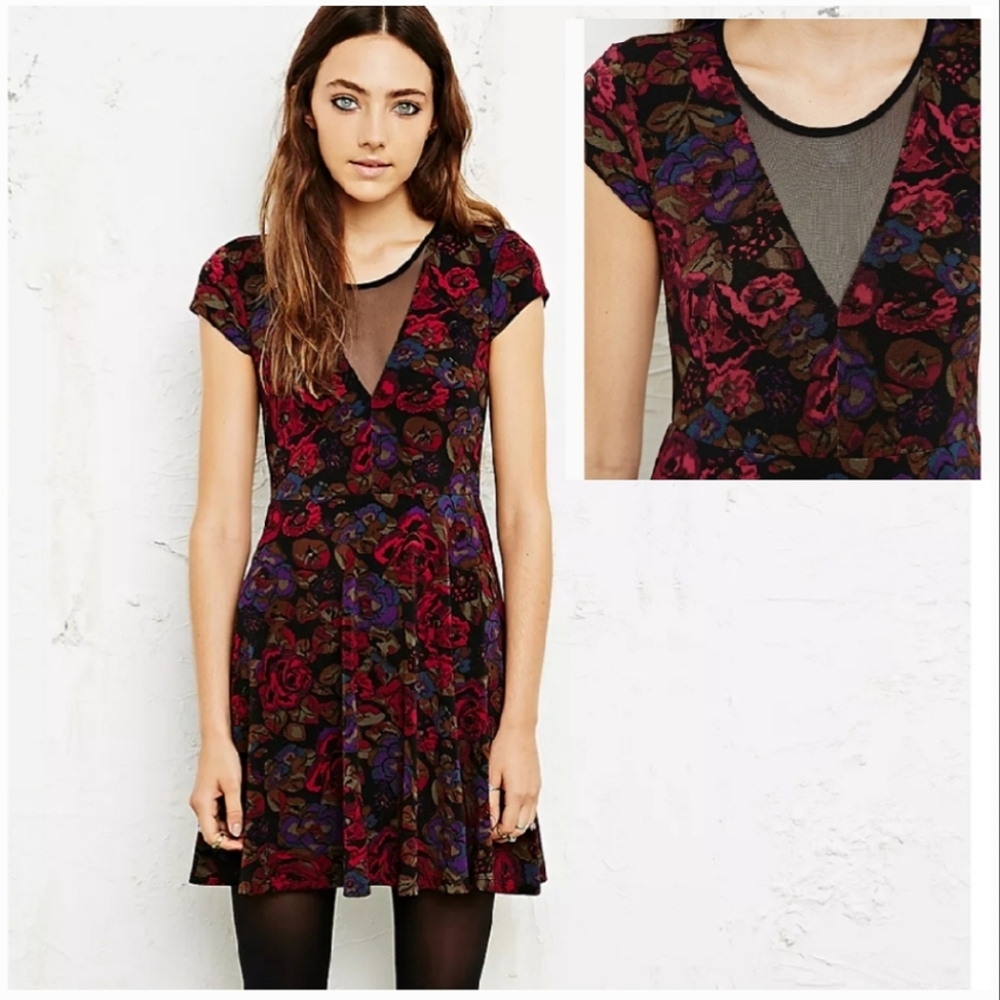 New Kimchi Blue Urban Outfitters V-Neck Mesh Deep Skater Fit and Flare Dress